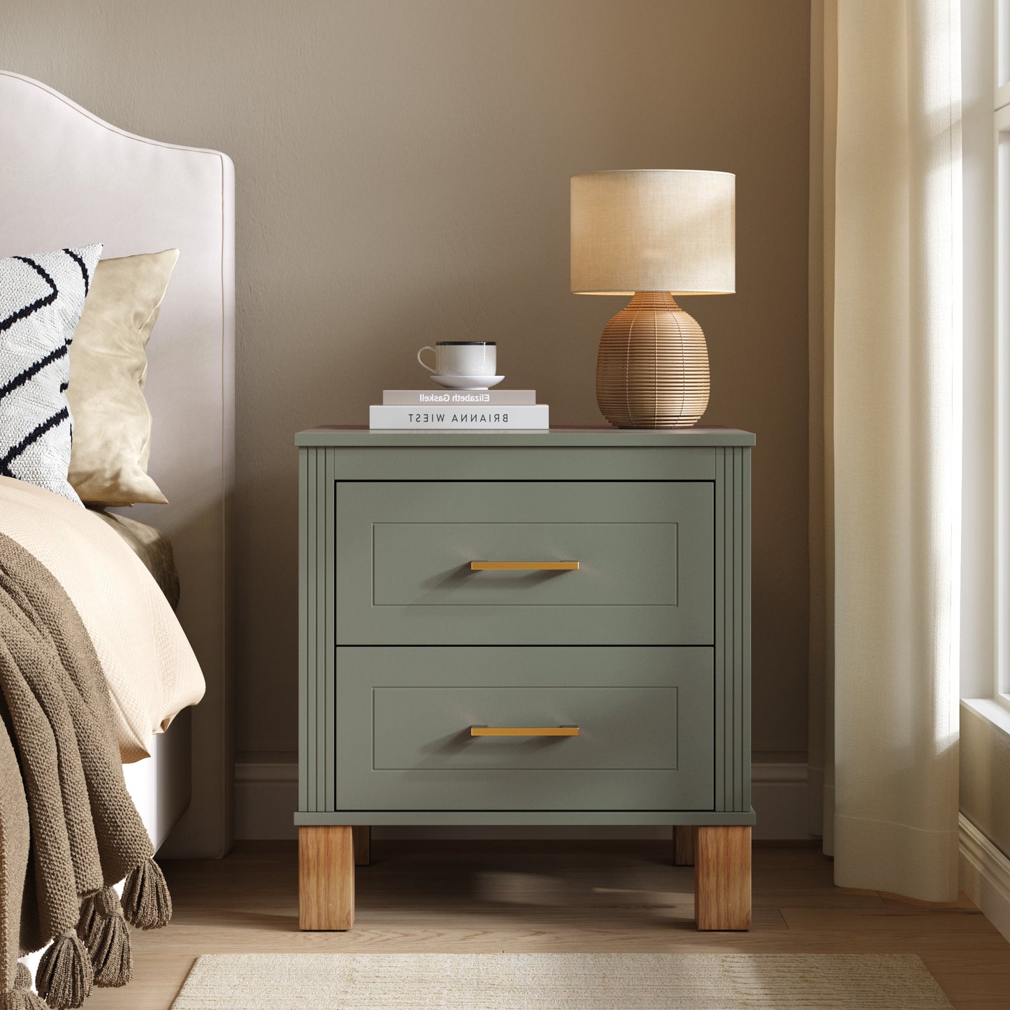 2 Drawer Nightstand - Premium Wood Storage with Fluted Design, Olive