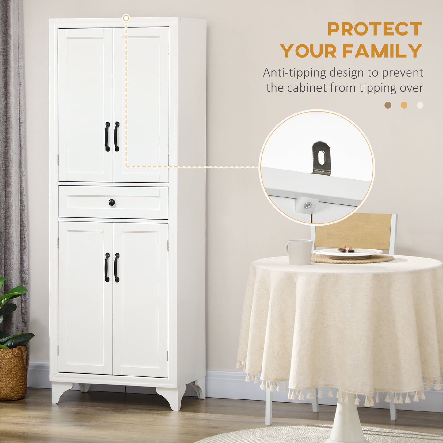 67-Inch White Kitchen Pantry with Drawer & Adjustable Shelves