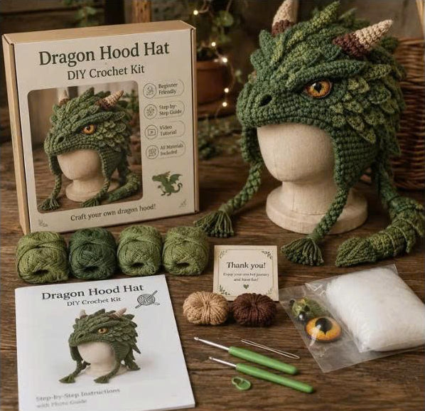 DIY Crochet Kit for Fantasy Hood Hats - Dragon & Wolf Styles