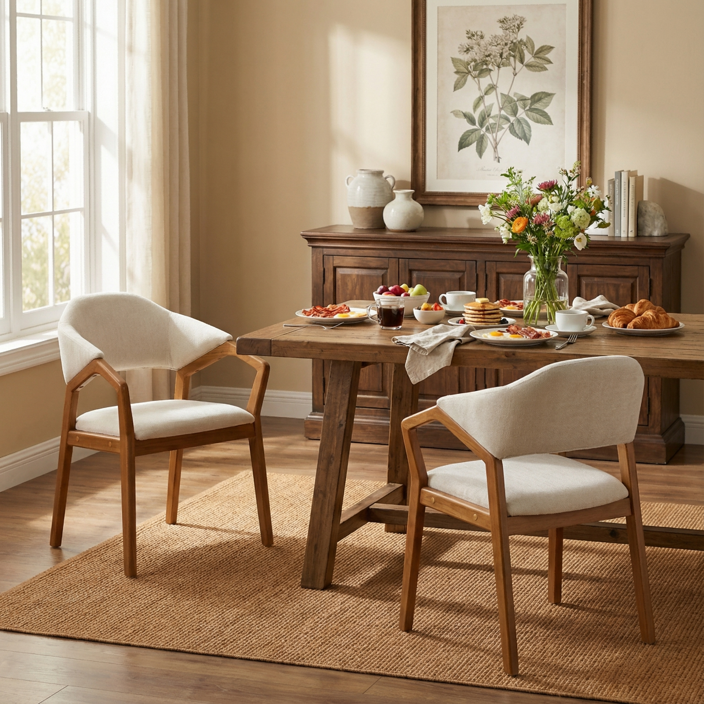 Beige Chenille Dining Chair Set of 2 - Ergonomic Armchairs