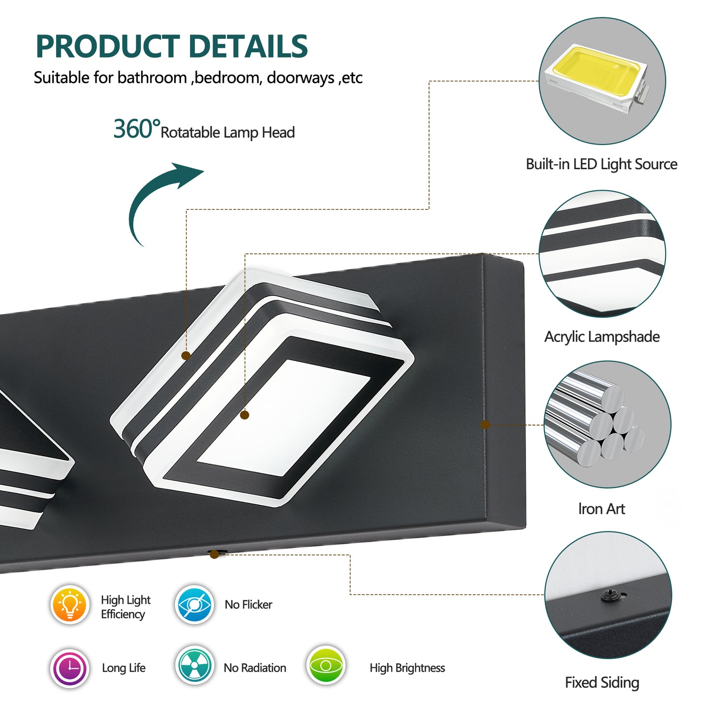 Matte Black LED Vanity Light Fixtures 3-Light Wall Sconce for Bathroom