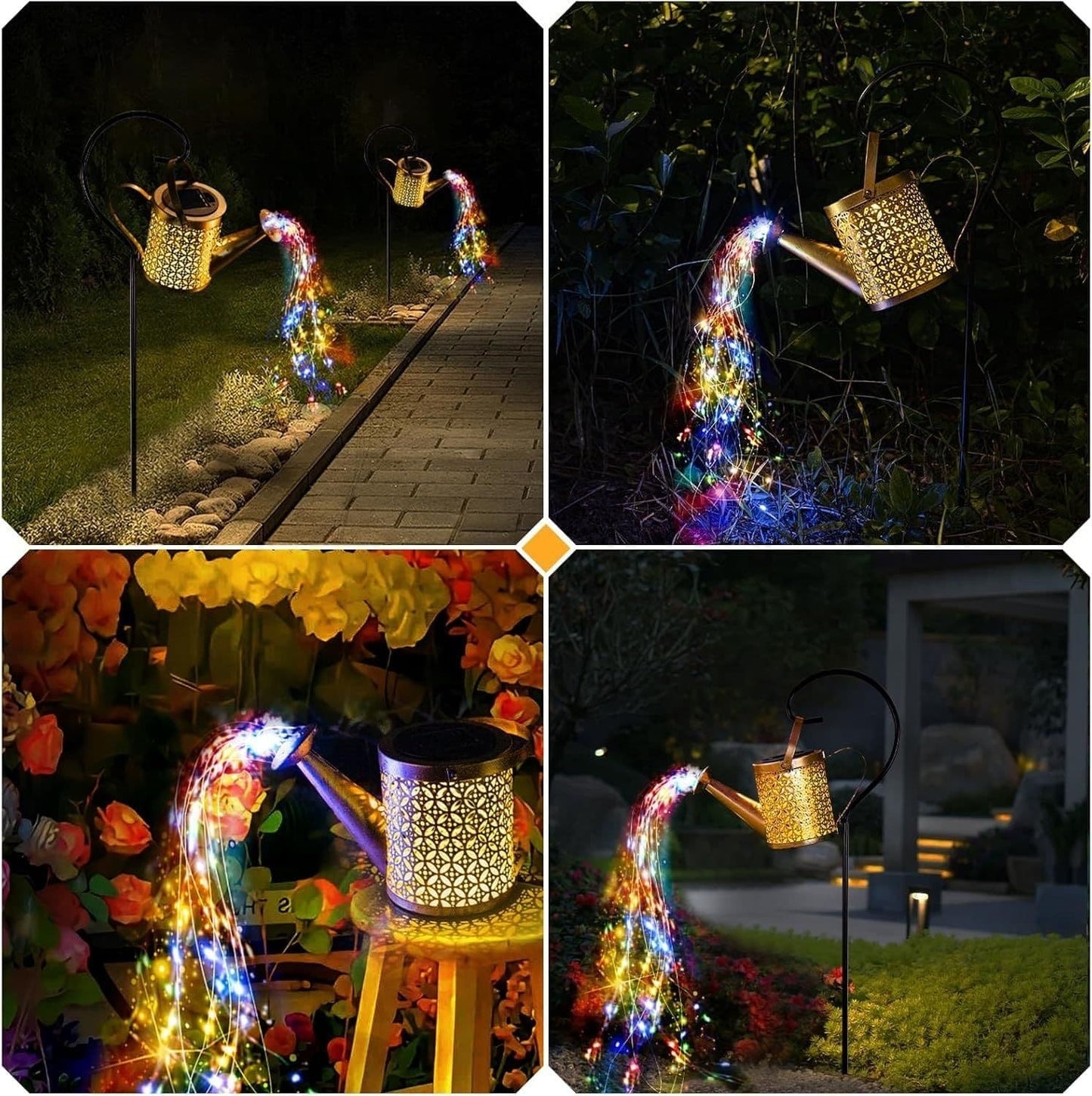 Outdoor Solar Watering Can Lantern String Lights Garden Decor Waterproof Metal Kettle