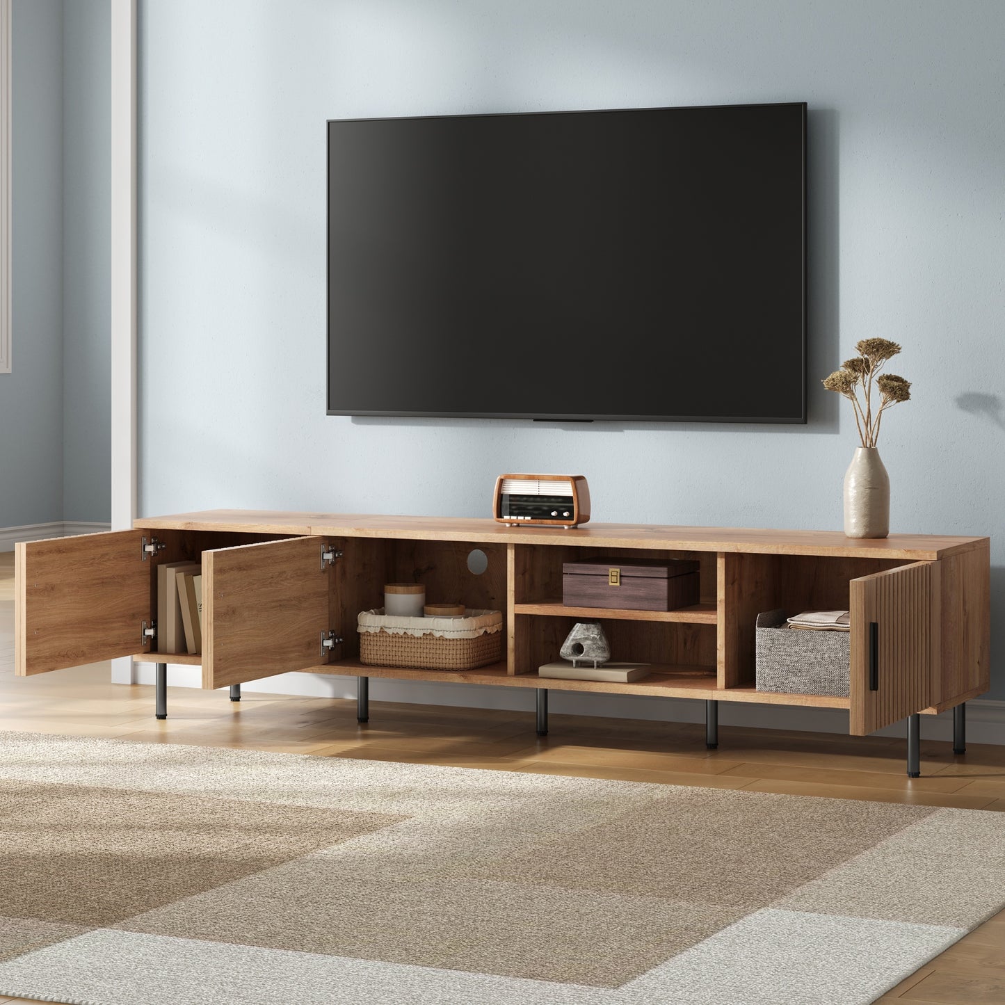 78-Inch Modern TV Stand for TVs Up to 85" - Natural Wood Finish