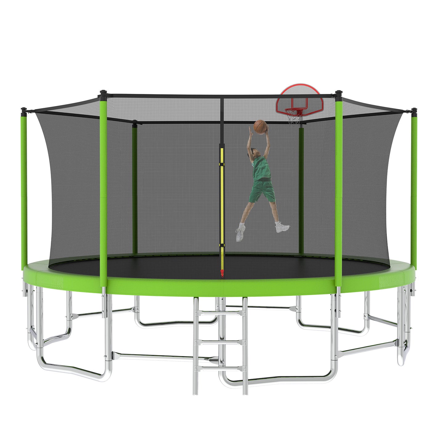 16FT Outdoor Trampoline with Enclosure, Balance Bar & Basketball Hoop - Green
