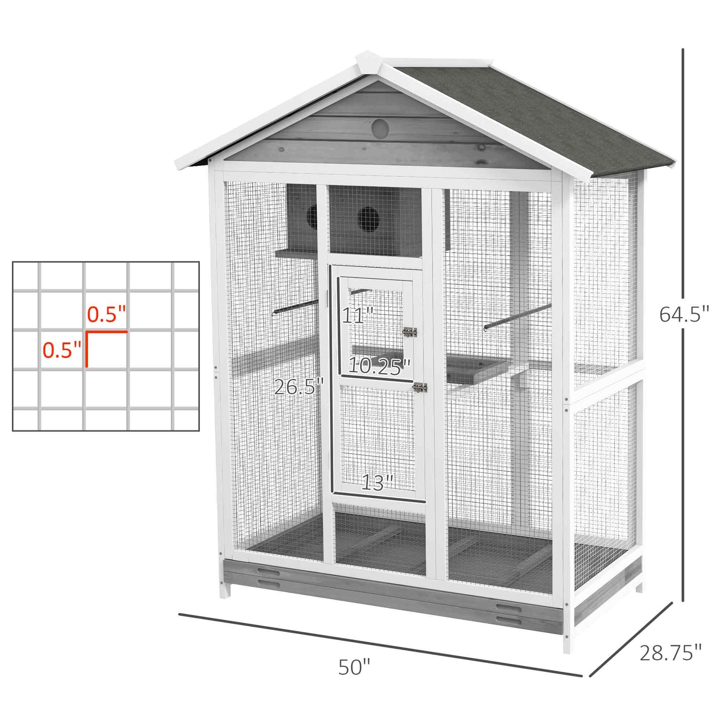 Wooden Bird Cage Aviary with 4 Perches & Nest for Indoor Outdoor Use – Gray, 64.5"