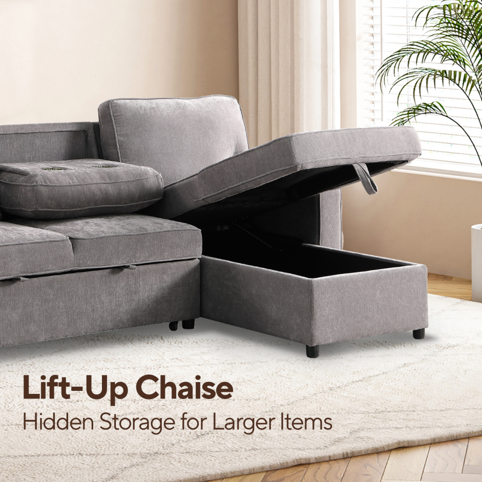 Sectional Sofa Bed with Storage, USB Port & Cup Holders - Gray