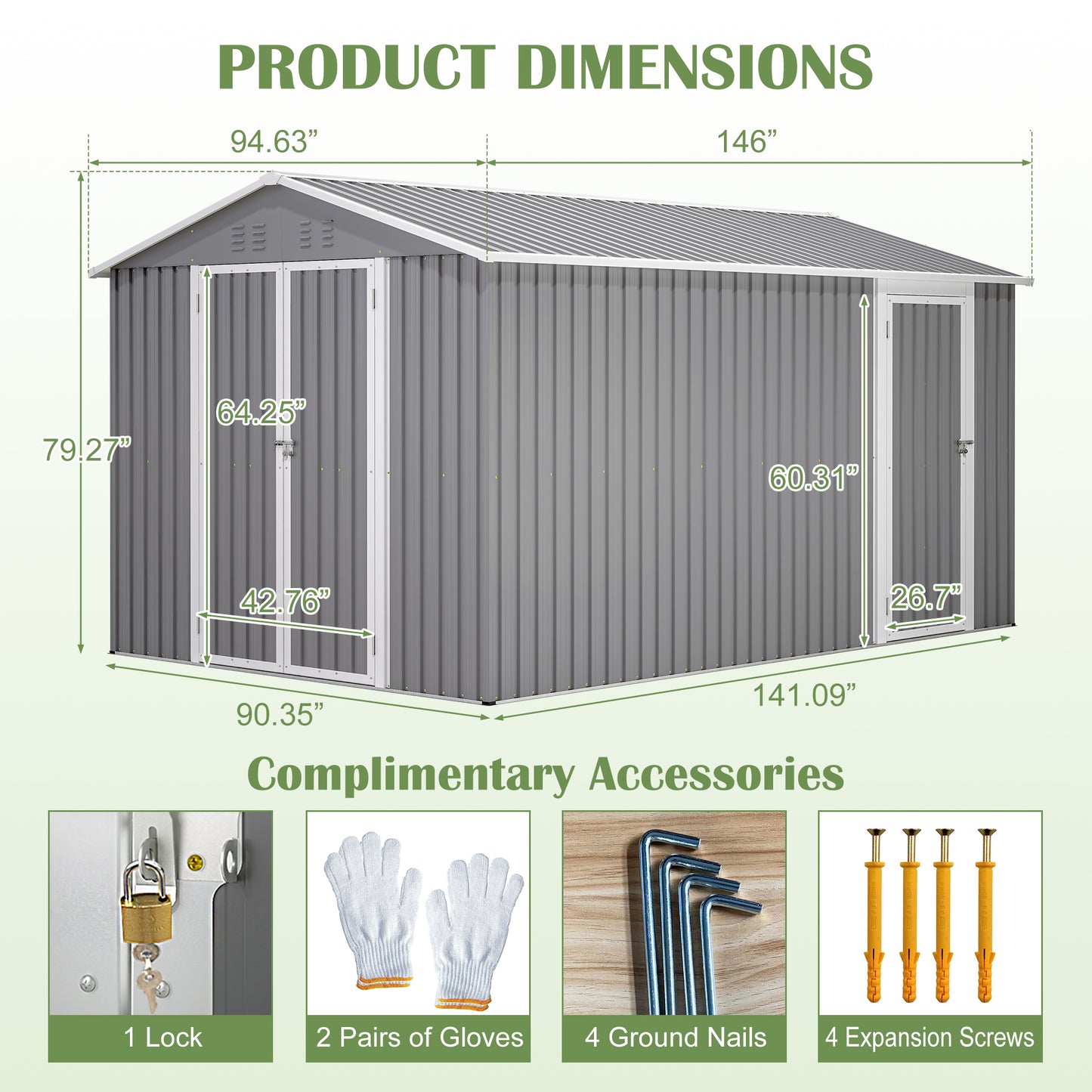 8x12 FT Metal Storage Shed with Side Door - Grey Outdoor Tool Shed