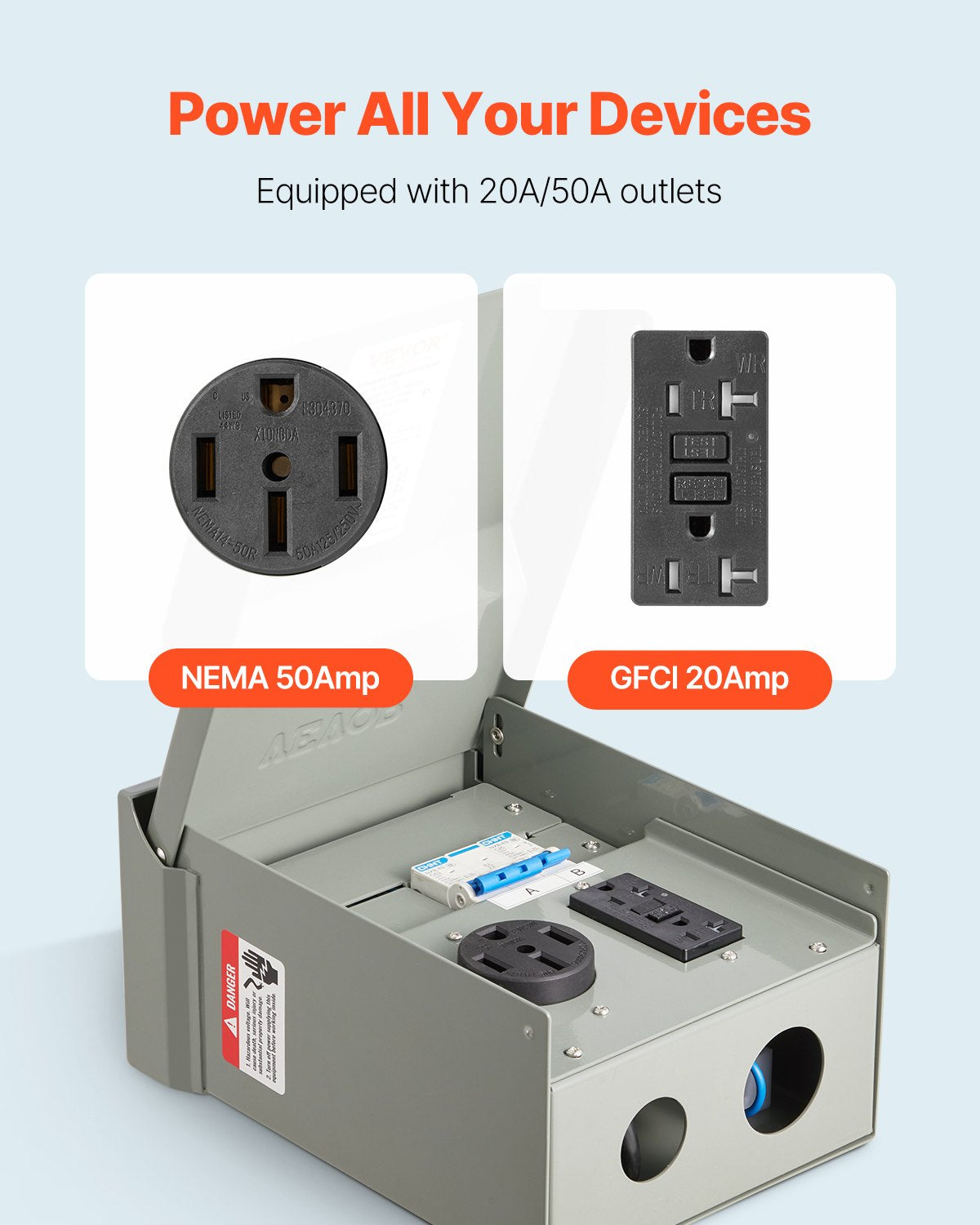Temporary Power Outlet Panel for RV 20 50 Amp Electrical Box Grey