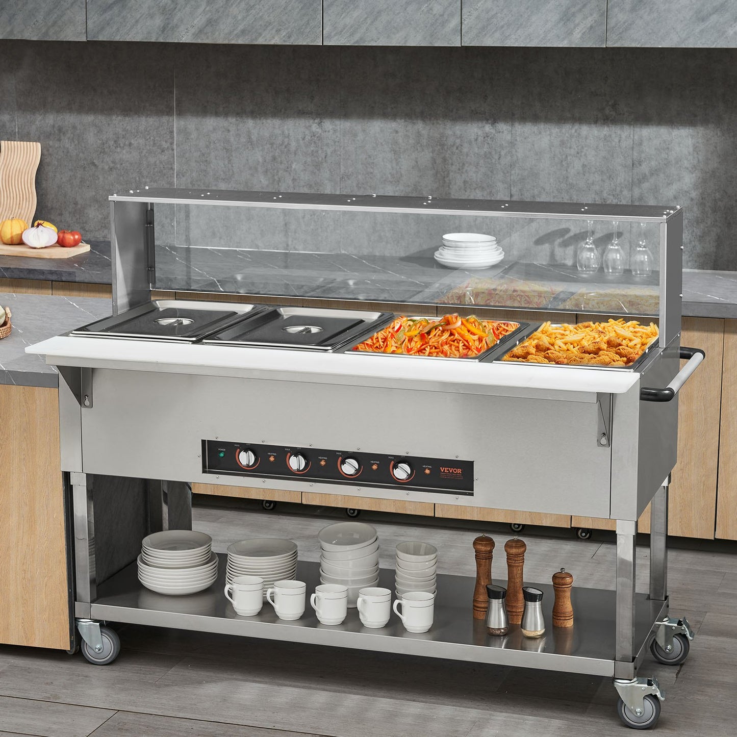 Commercial Food Warmer with 4 Stainless Steel Pans - 20.6QT Electric Steam Table, Acrylic Sneeze Guard, 2000W