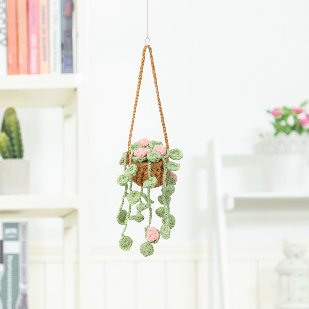 Handmade Crochet Hanging Plant Decor with Pink Flowers and Green Vines - Indoor Wall Art