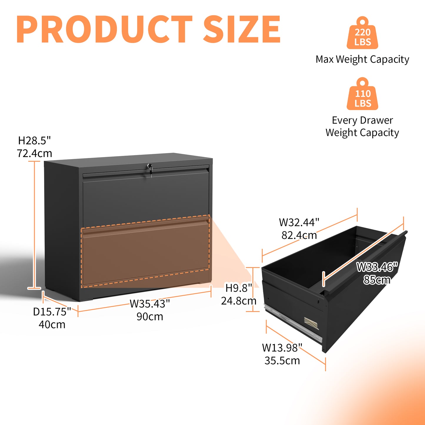 Lateral File Cabinet 2 Drawer, Black Filing With Lock, Lockable For