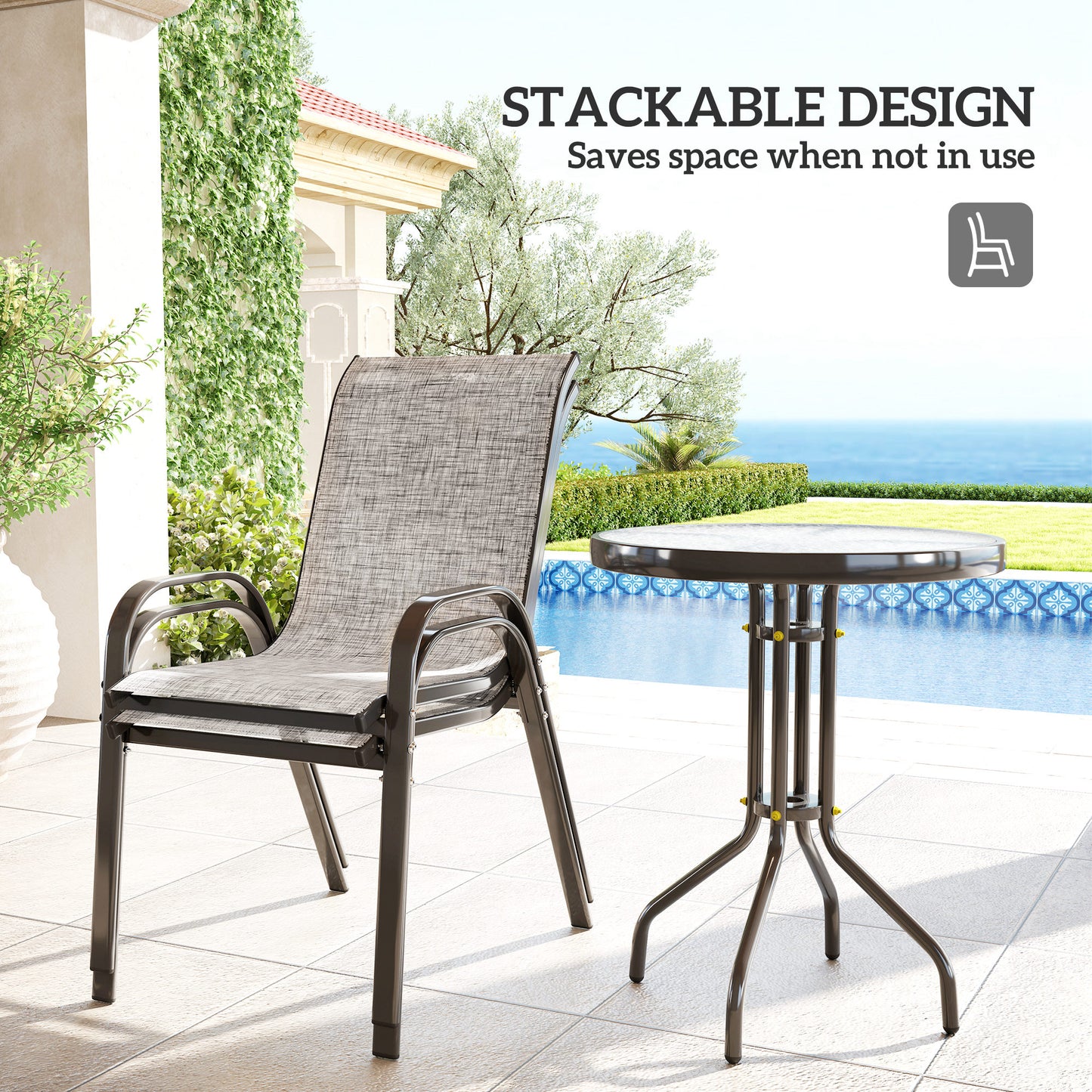 Bistro Set for Small Spaces - 2 Stackable Chairs & Glass Table - Gray