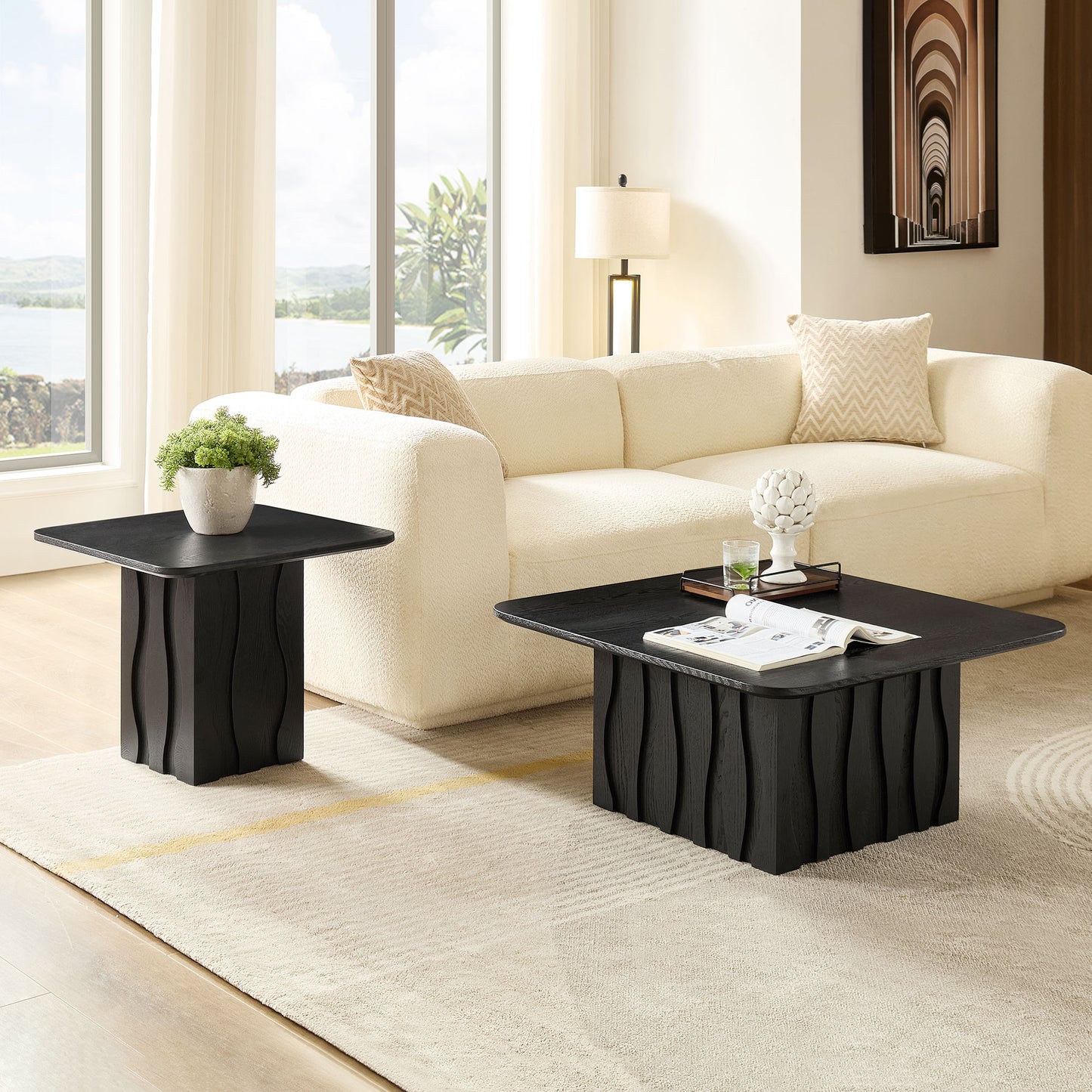 Nesting Square Coffee Table Set - Black, Mid-Century Design