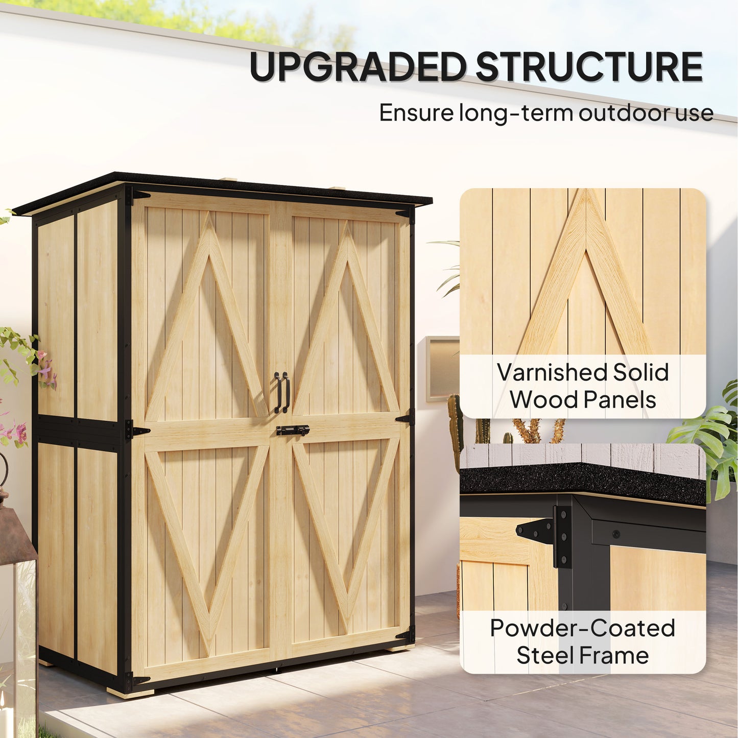 Wood Storage Shed, Outdoor Garden Shed With Asphalt Roof, 2 Shelves,