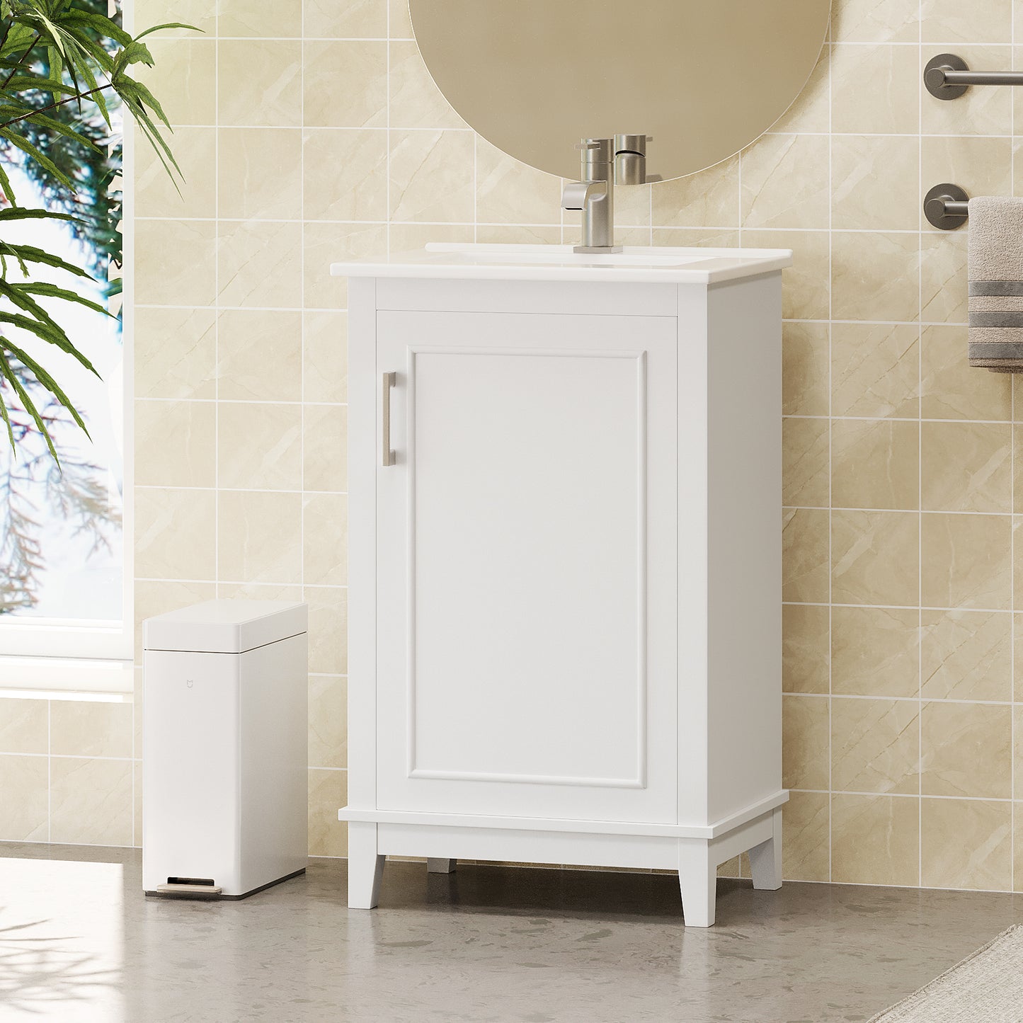 20-Inch Modern Bathroom Vanity Cabinet with Ceramic Basin - White