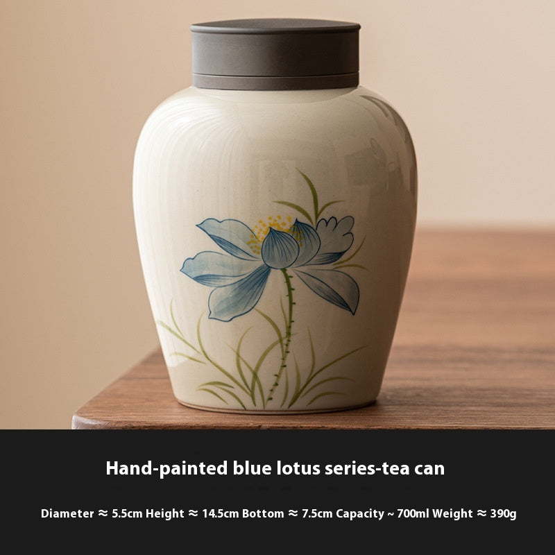 Ceramic Blue Lotus Tea Jar Sealed Storage Container - Hand Drawn Design