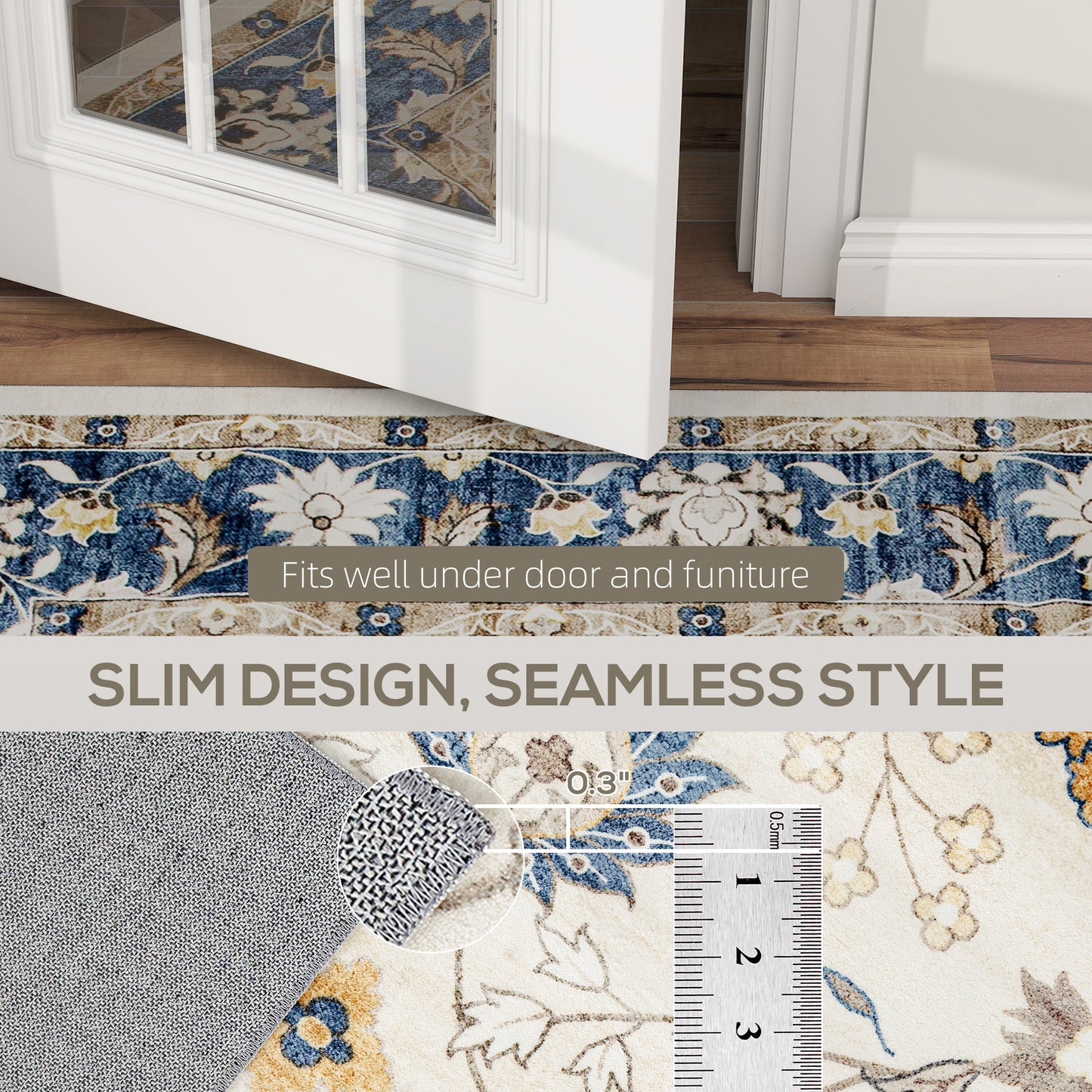 Machine Washable Boho Floral Area Rug 4x6 - Blue