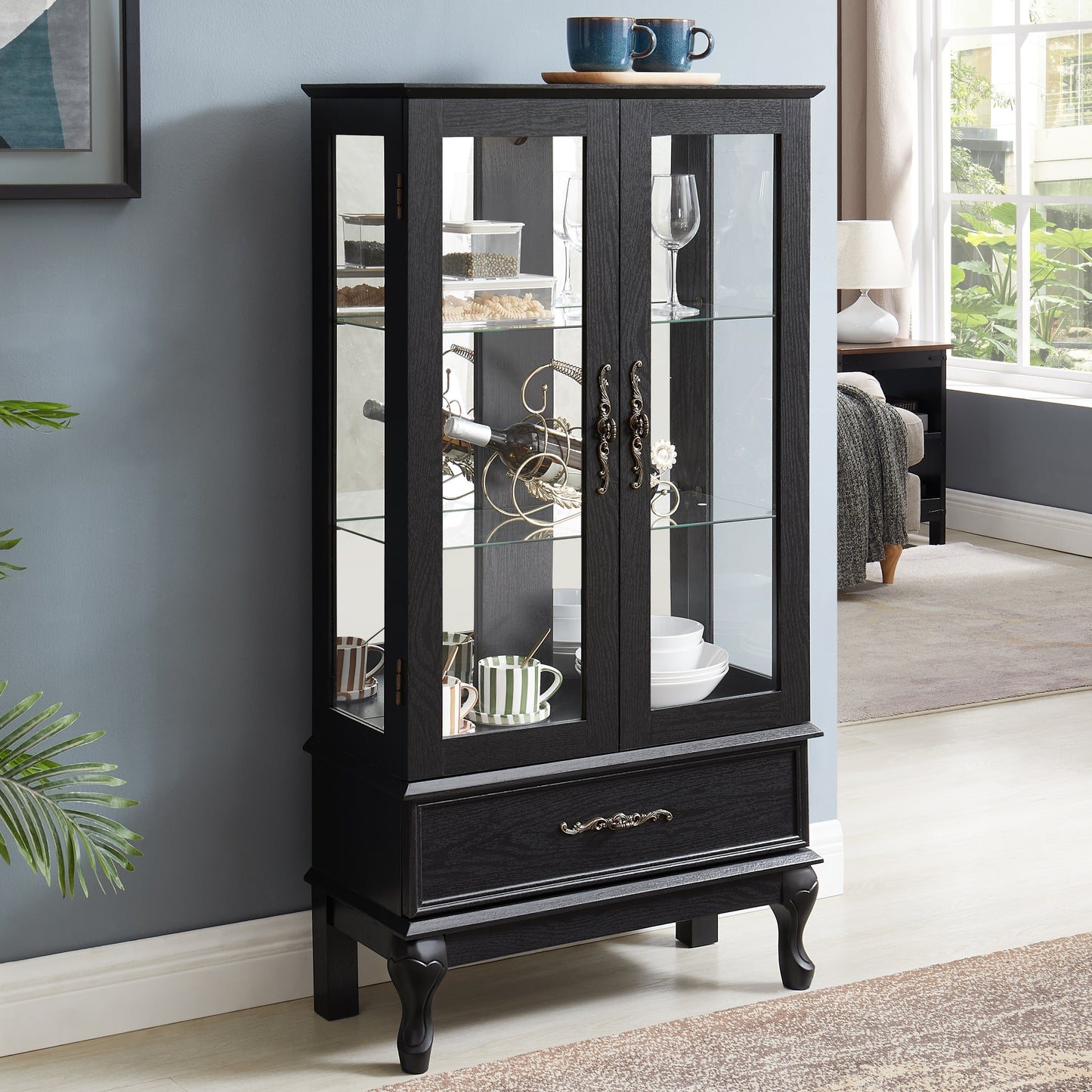 Lighted Curio Cabinet With Glass Doors And Adjustable Shelves 2 Door