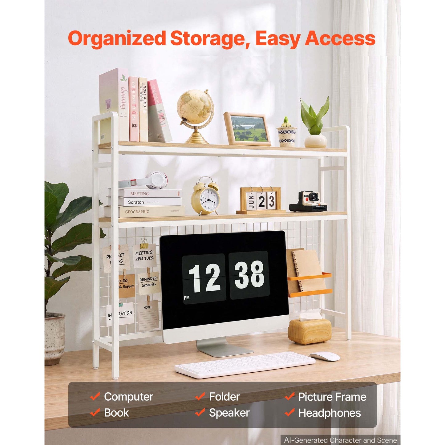 3-Tier Desktop Bookshelf Organizer with Metal Frame and Wooden Shelves - White