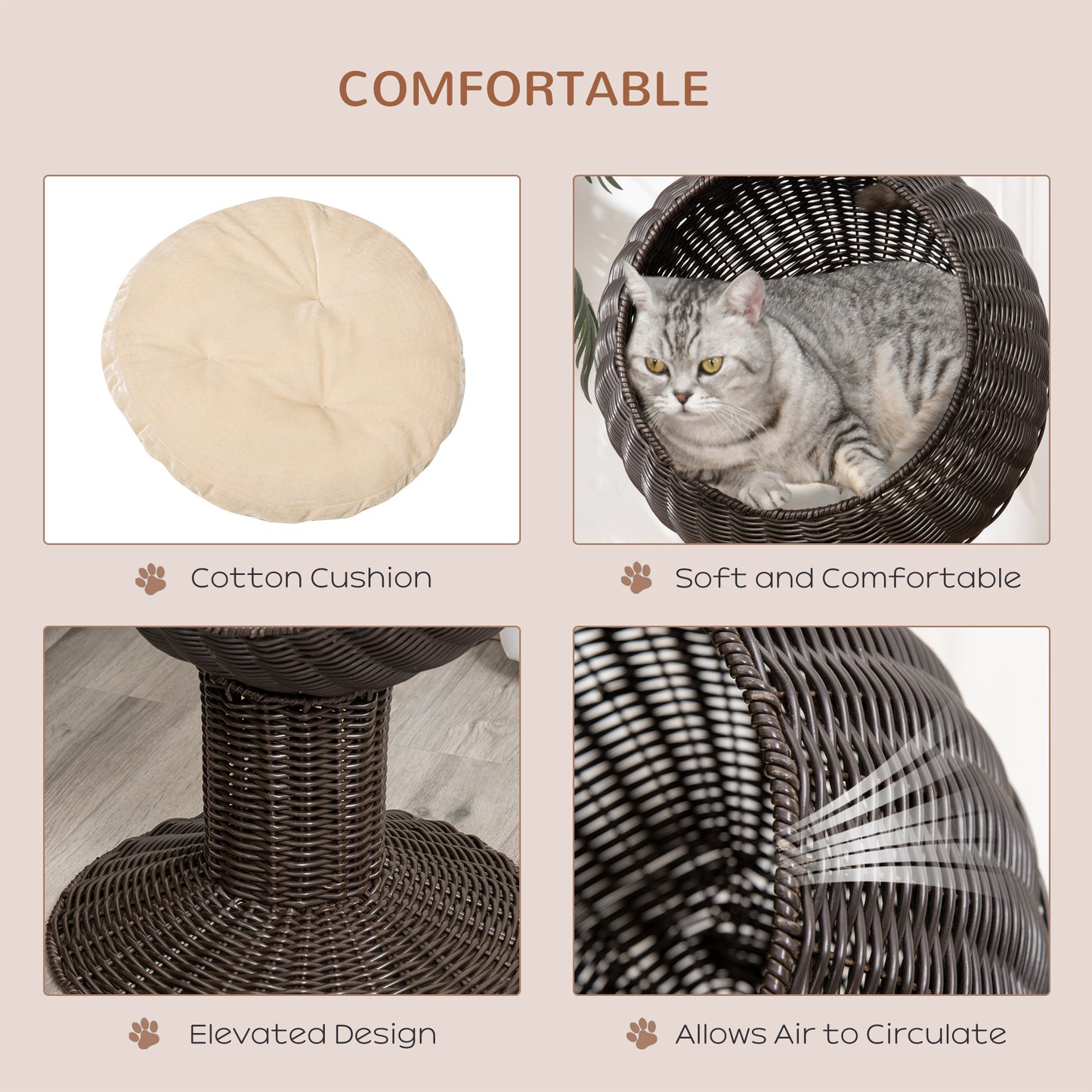 Elevated Cat Bed with Rotatable Egg Chair Pod, Cozy Woven Kitty House - Coffee 450x430mm
