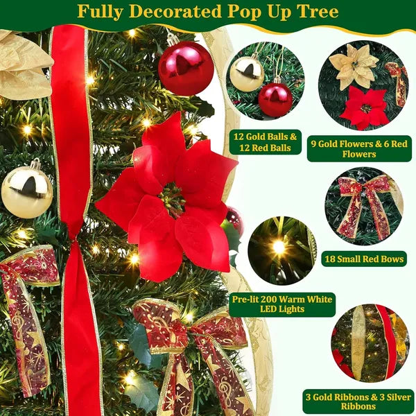 6 Ft Prelit Christmas Tree with 200 LED Lights & 64 Ornaments