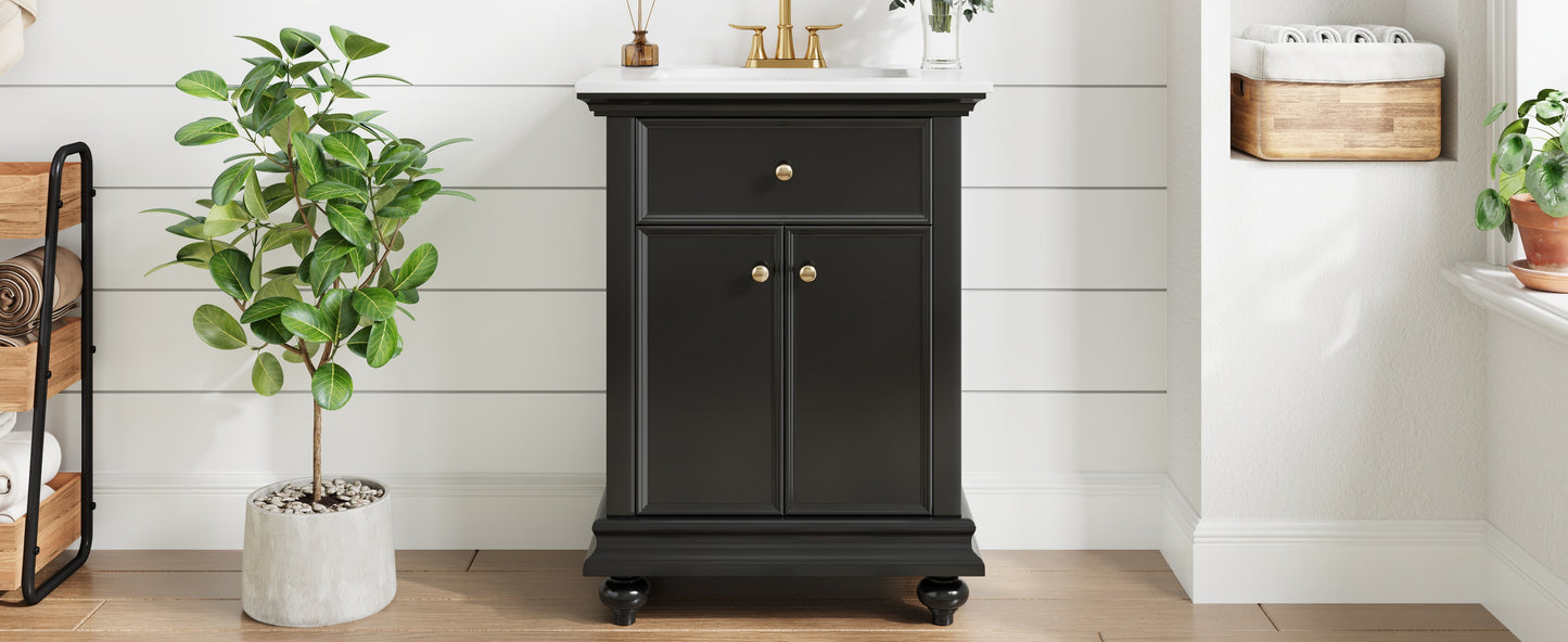 24" Black Modern Bathroom Vanity with Tip-Out Drawer & Soft-Close Hinges
