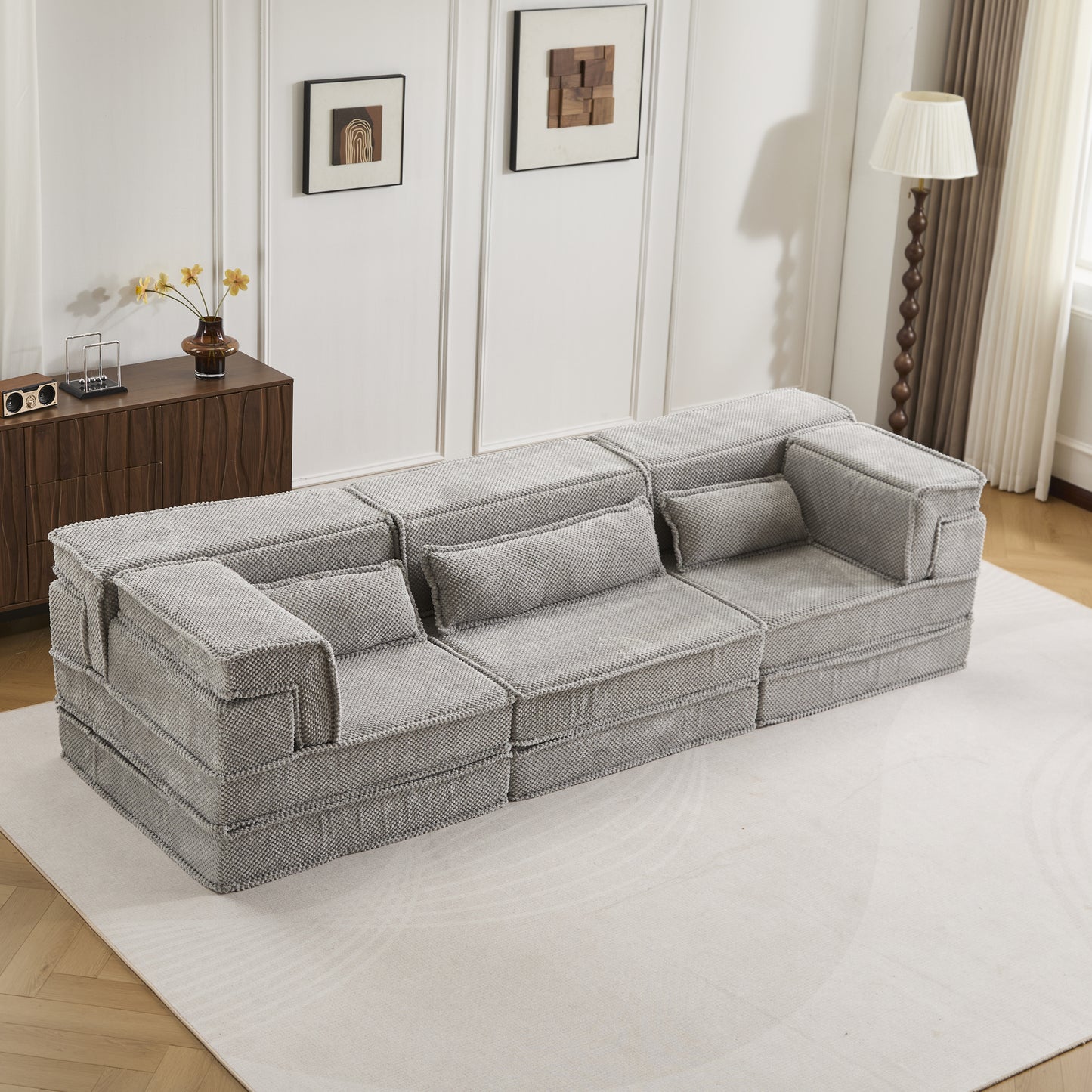 Convertible Modular Floor Sofa Bed - Light Grey 3-Seater with Pillows