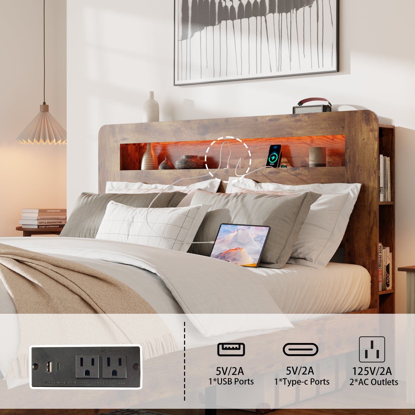 Queen Wood Bed Frame with LED Headboard, USB Ports & Storage
