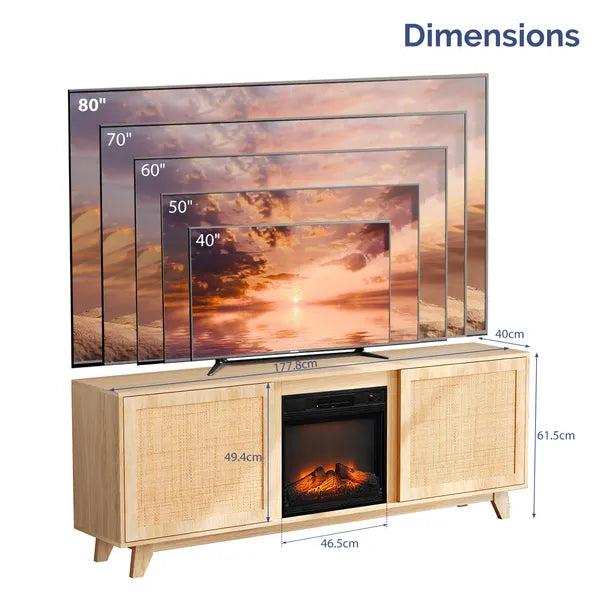 70-Inch Oak Finish Low-Profile Fireplace TV Stand with Rattan Doors