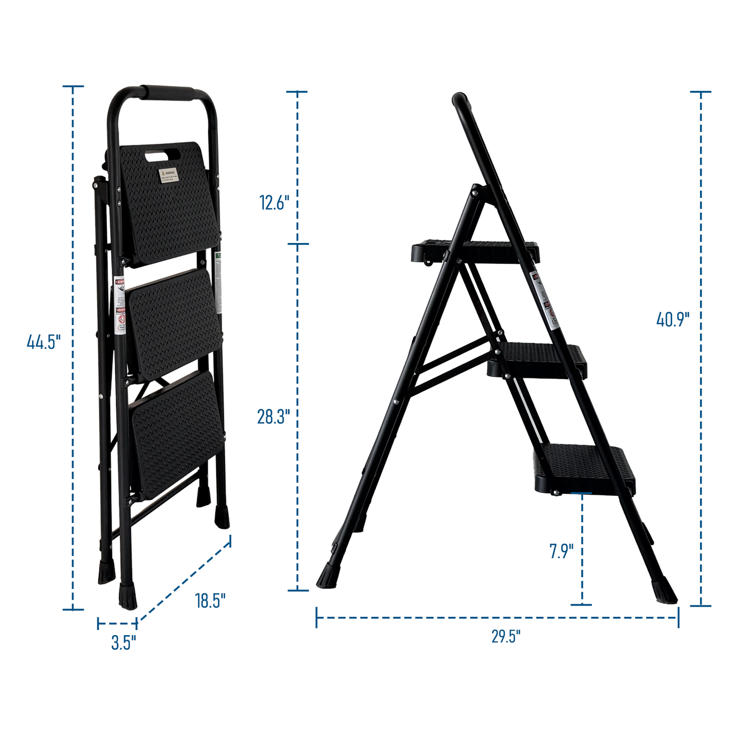 3-Step Folding Step Ladder with Anti-Slip Pedals - Black