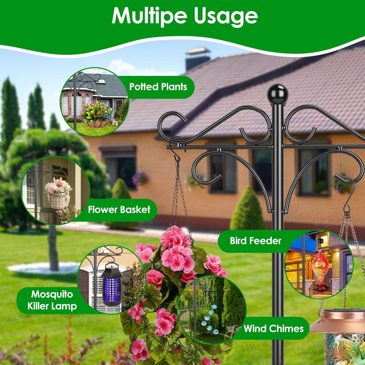 Heavy Duty Double Shepherds Hook Garden Pole - Adjustable Outdoor Bird & Plant Hook
