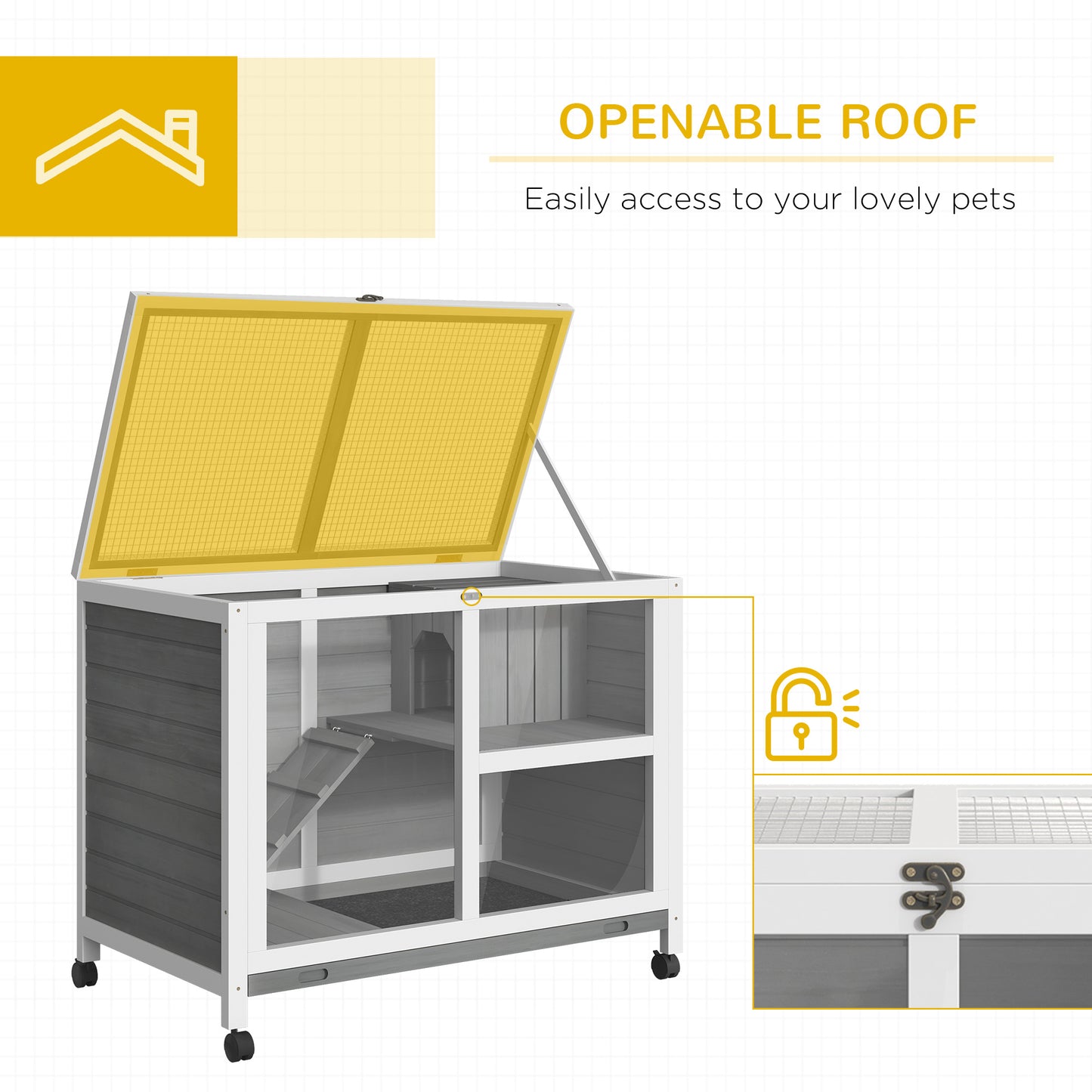 Pet Rabbit Hutch on Wheels - Compact Wooden Cage with Plexiglass Window & Open Roof