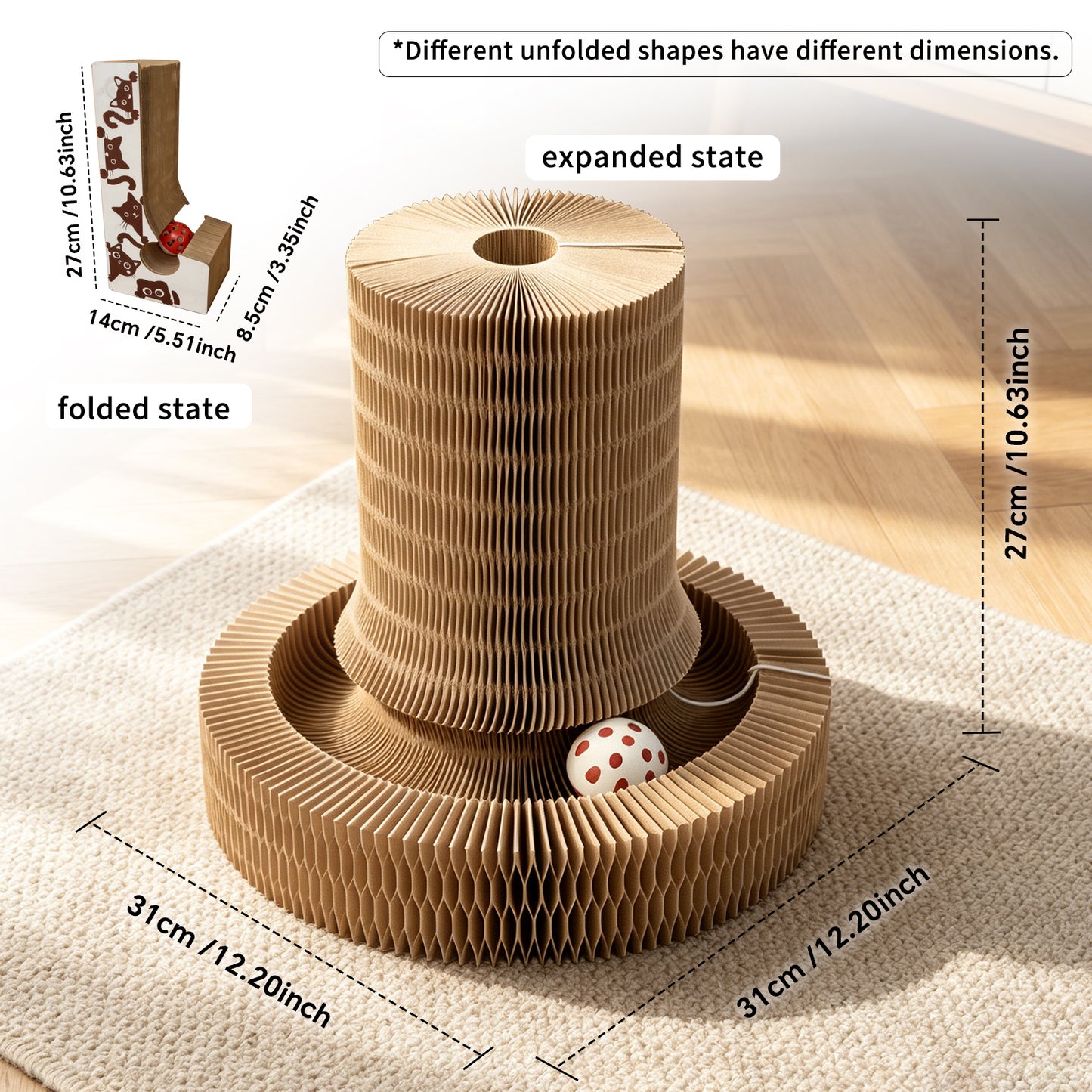 Foldable Cat Scratcher Toy with Rolling Bell Ball - Interactive Cardboard Claw Furniture