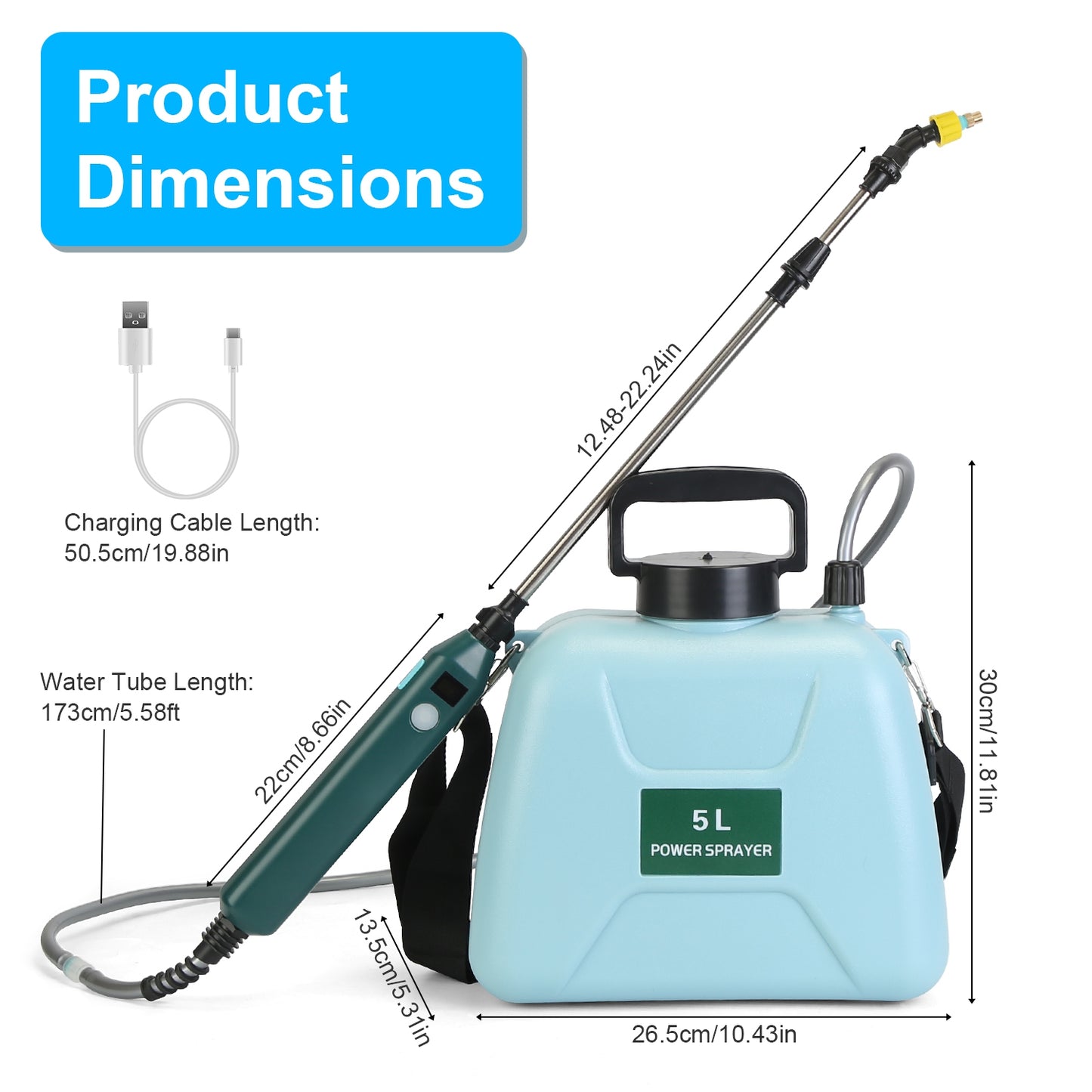 Portable 5L Battery Water Sprayer Garden Tool with 3 Nozzles & Telescopic Wand