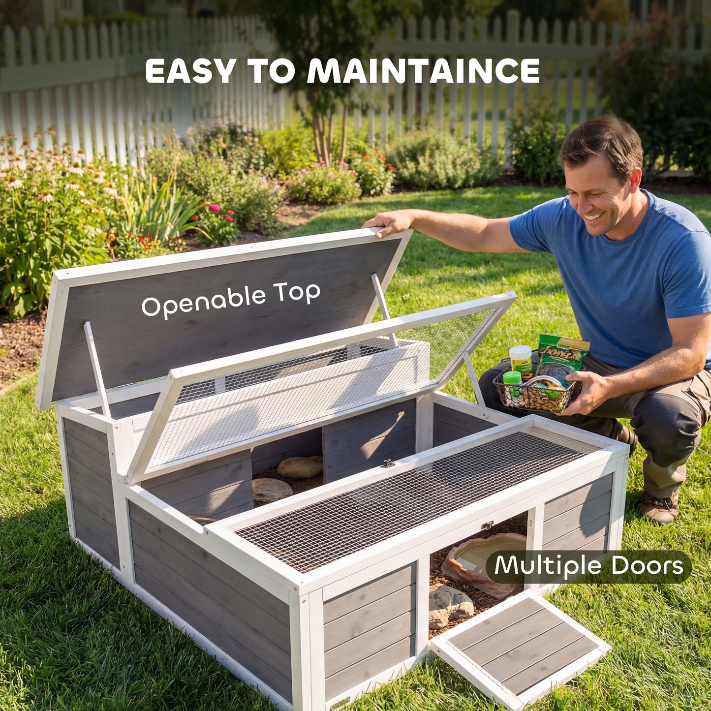 Wooden Tortoise Habitat Enclosure with Openable Top and Clear Window, Dark Gray