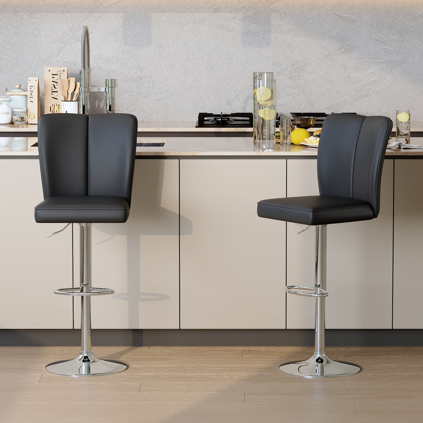 Modern Black PU Bar Stool Set - 2-Piece, Featuring Vertical And