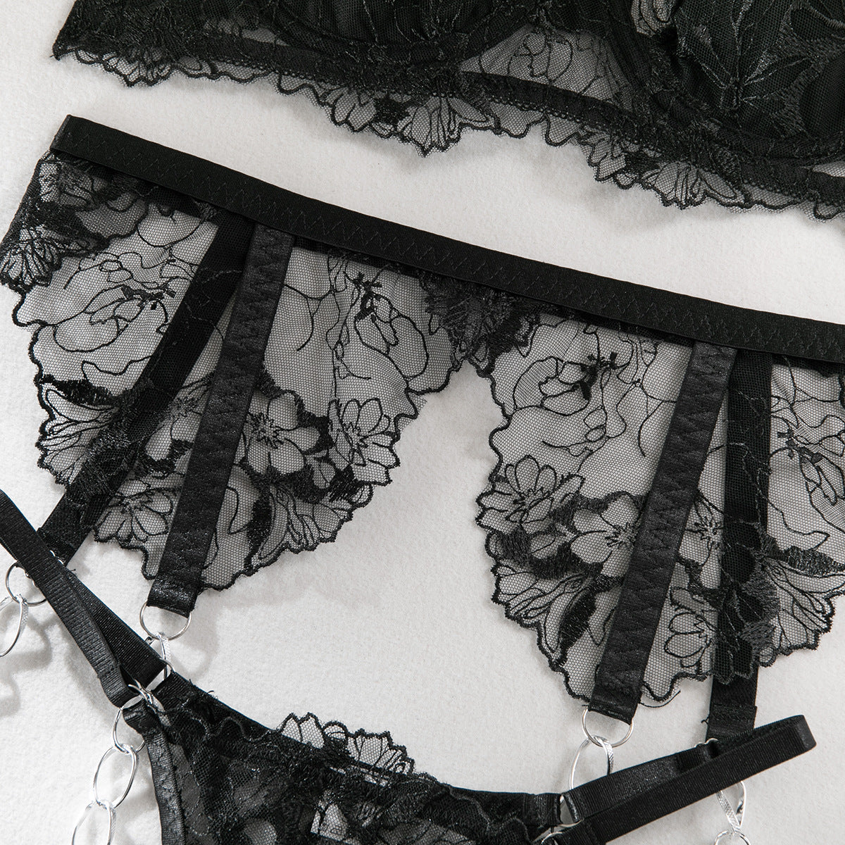Women's Embroidered See-Through Bra Chain Underwear Set with Garter and Leg Ring