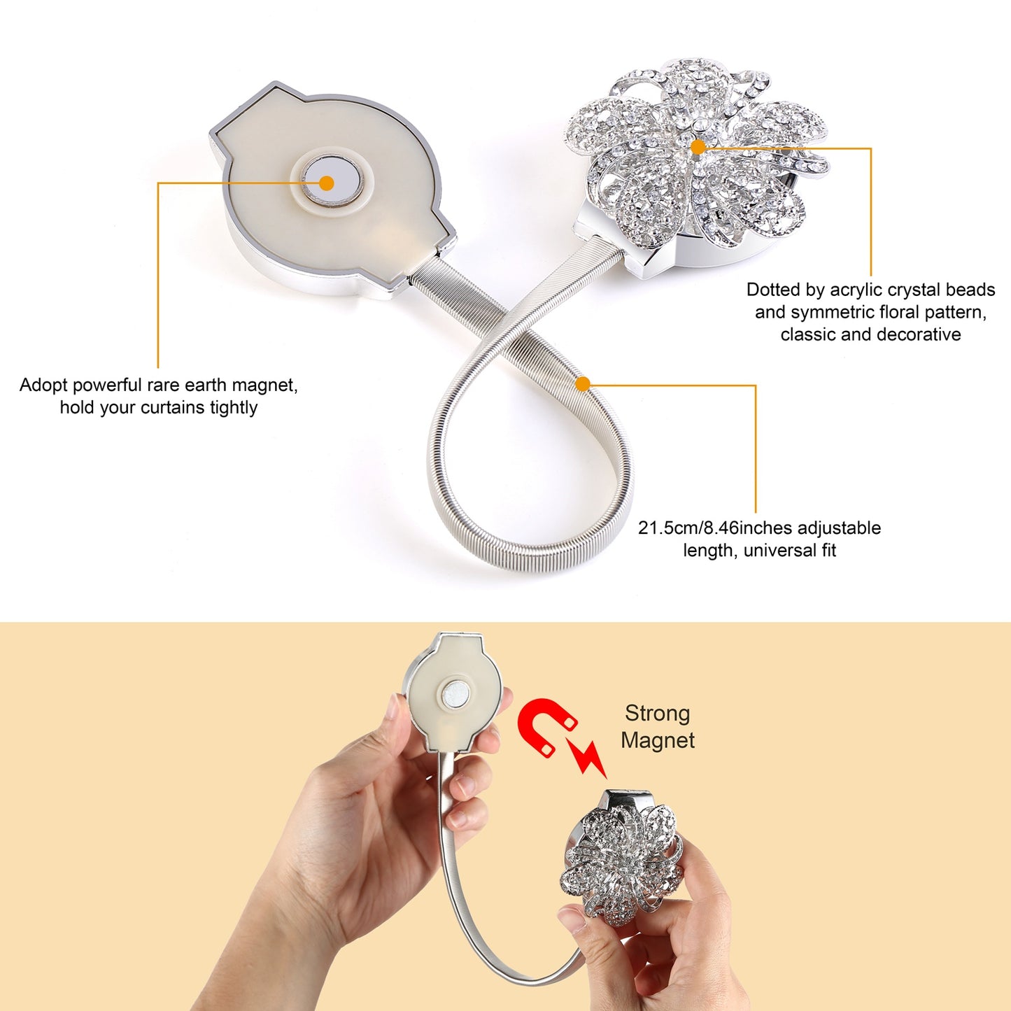 Magnetic Curtain Tiebacks - 2 Pack Silver Floral Holders