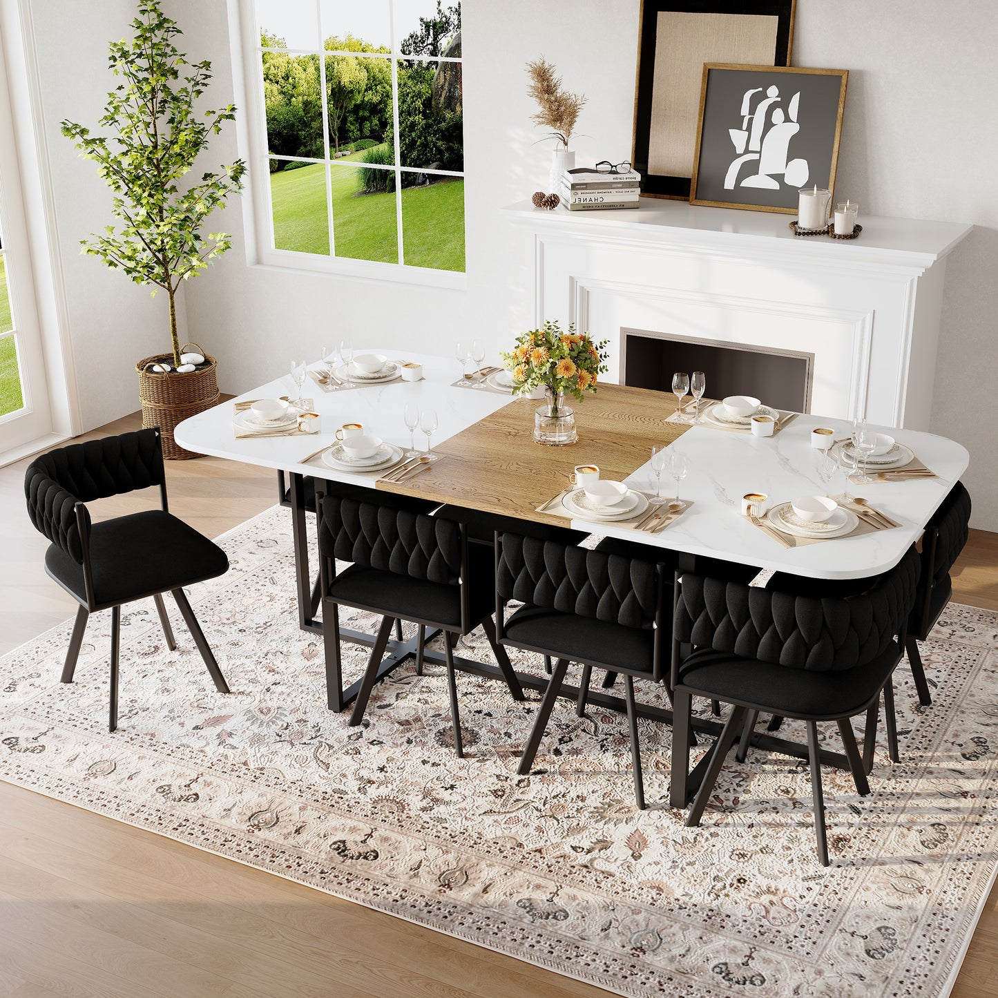 9-Piece Square Dining Table Set, Fixed White Faux Marble & Wood Grain
