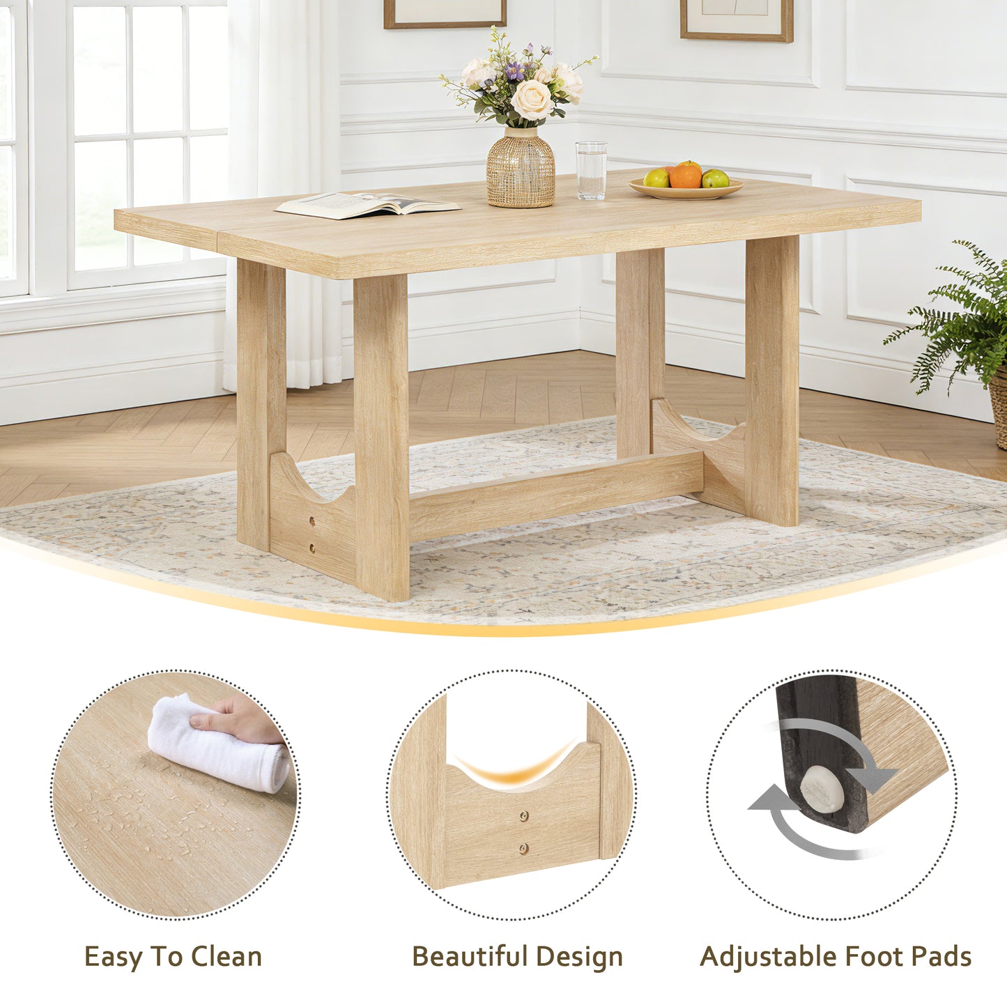 6-Piece Wooden Dining Table Set with Bench & Upholstered Chairs