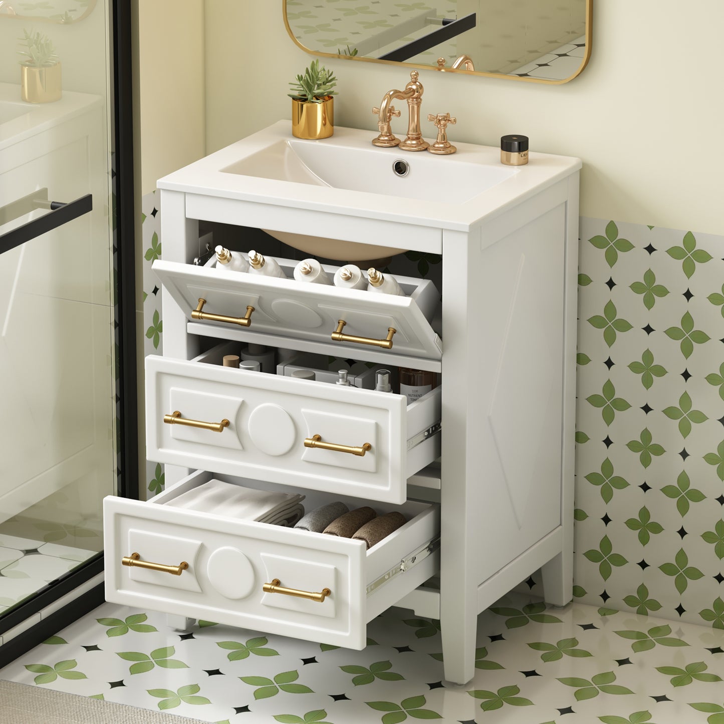 24-Inch Bathroom Vanity with Ceramic Sink Combo - White