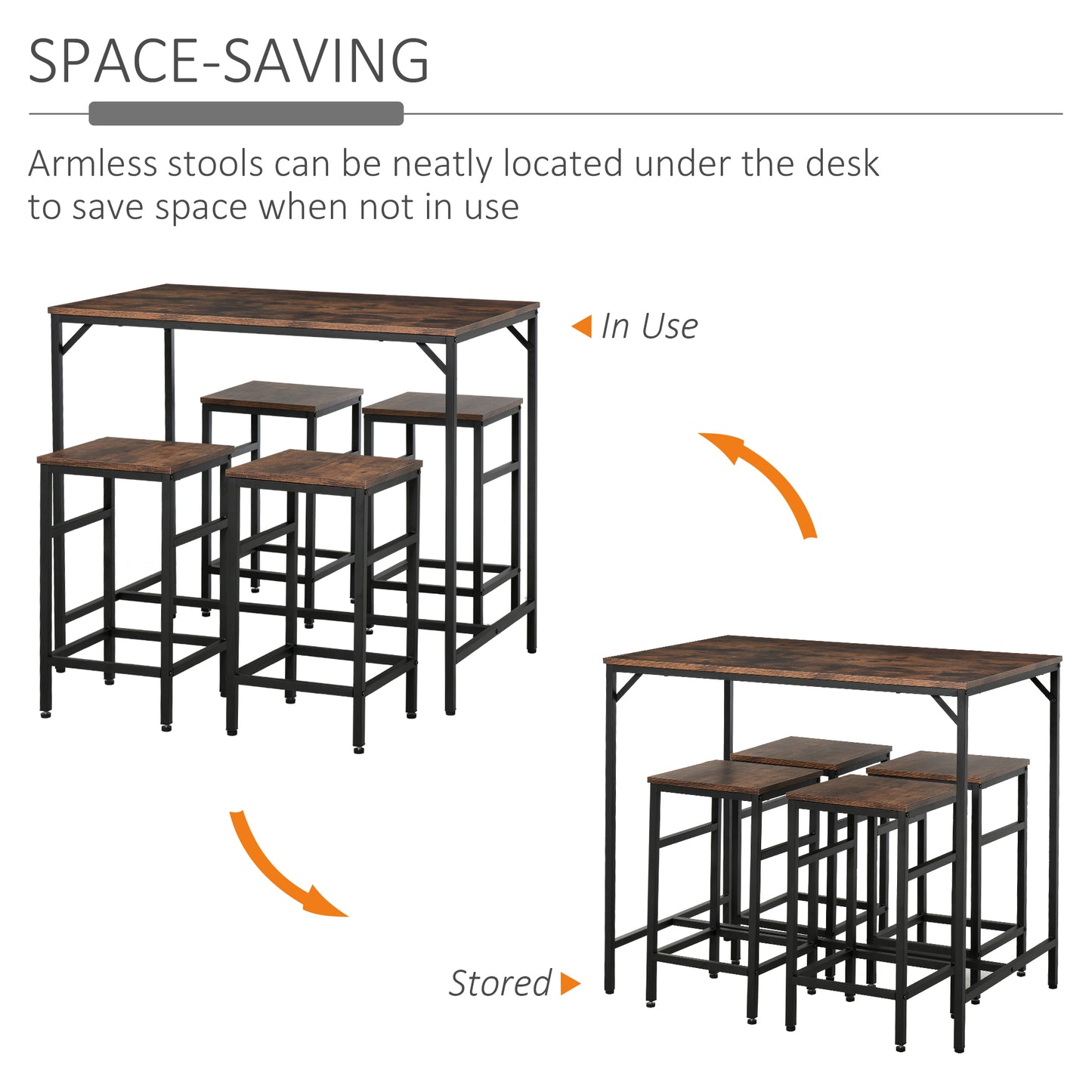5-Piece Rustic Bar Table Set with 4 Stools - Space Saving Design