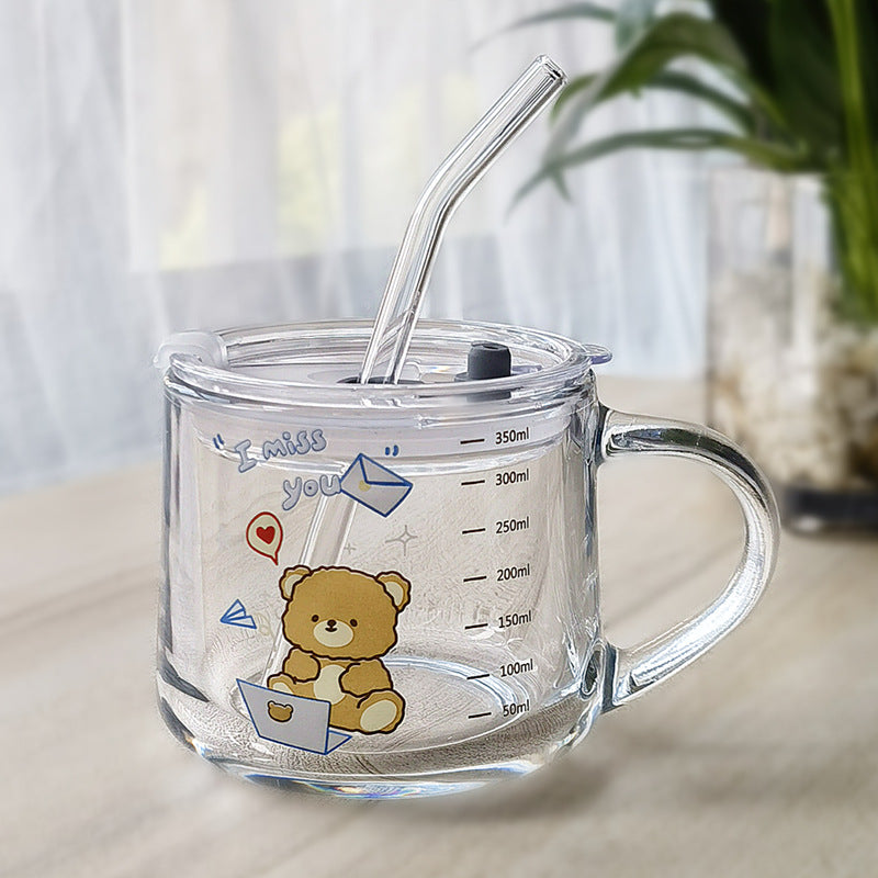 Minimalist Cartoon Glass Water Cup with Straw - Heat-Resistant, 400ML
