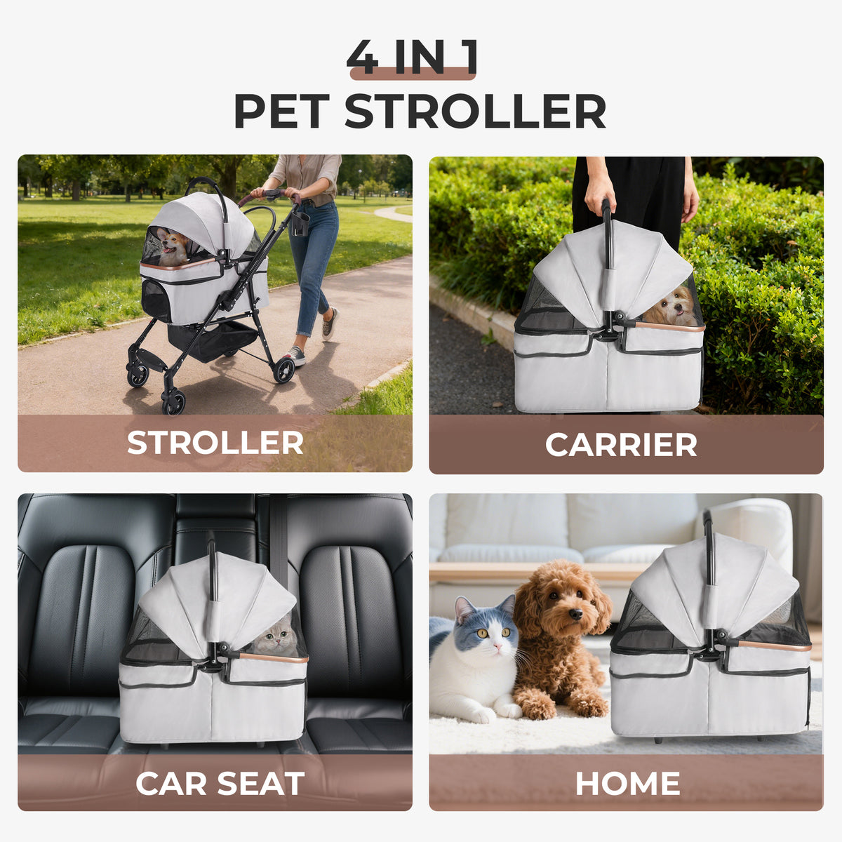 Foldable 4-Wheel Pet Stroller for Small Dogs & Cats - Grey, Travel & Separable Carrier