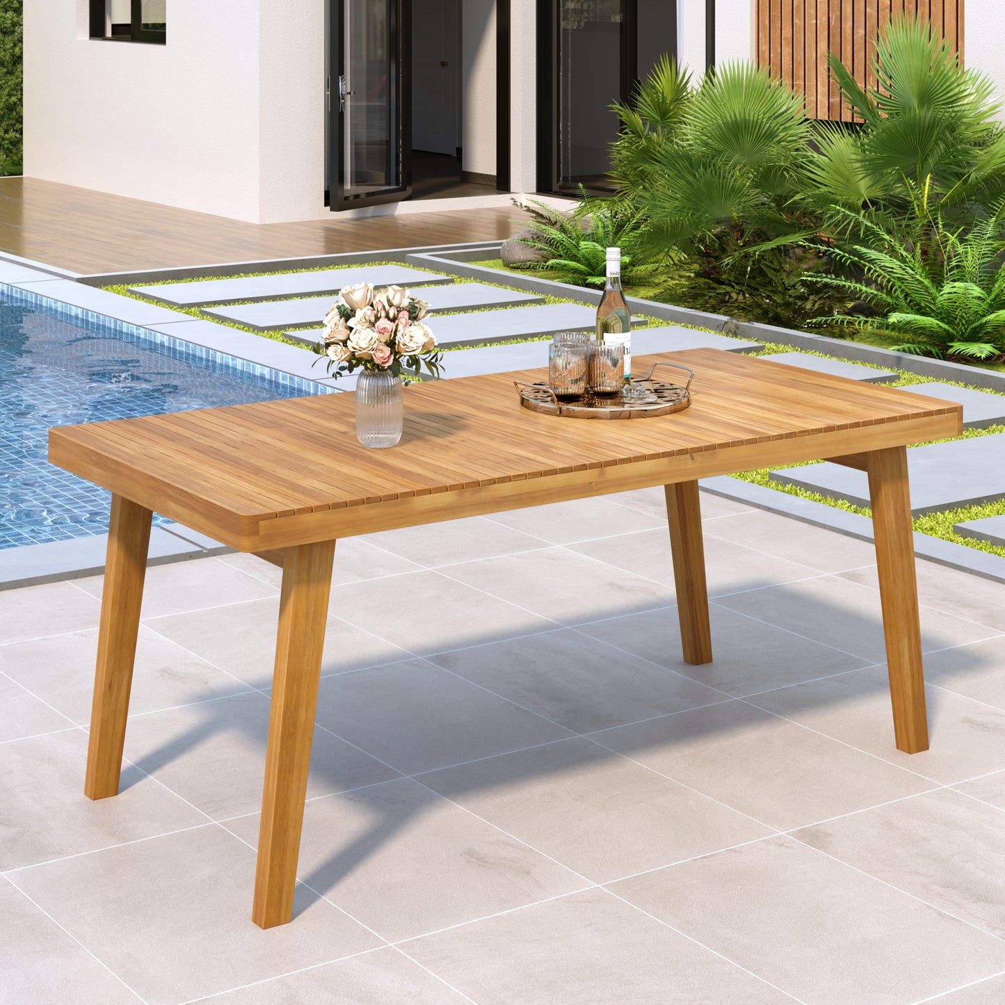 69" Acacia Wood Outdoor Dining Table - Slatted Top, 300 lbs Capacity