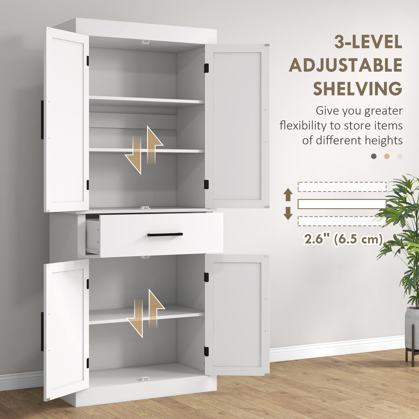 72" Tall Kitchen Pantry Cabinet with Barn Doors & Adjustable Shelves - White