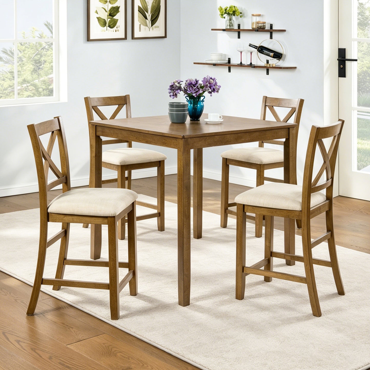 Set of 4 Wooden Counter Height Dining Chairs - Oak