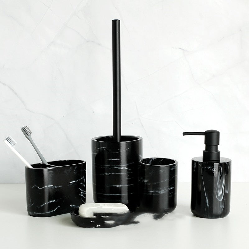 5-Piece Bathroom Accessory Set with Marble Texture Resin Finish - Black & White