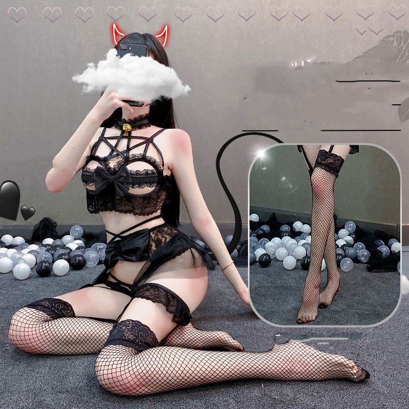 Sexy Devil's Wings Costume for Women - Mesh Lace Girdle and Net Socks Set