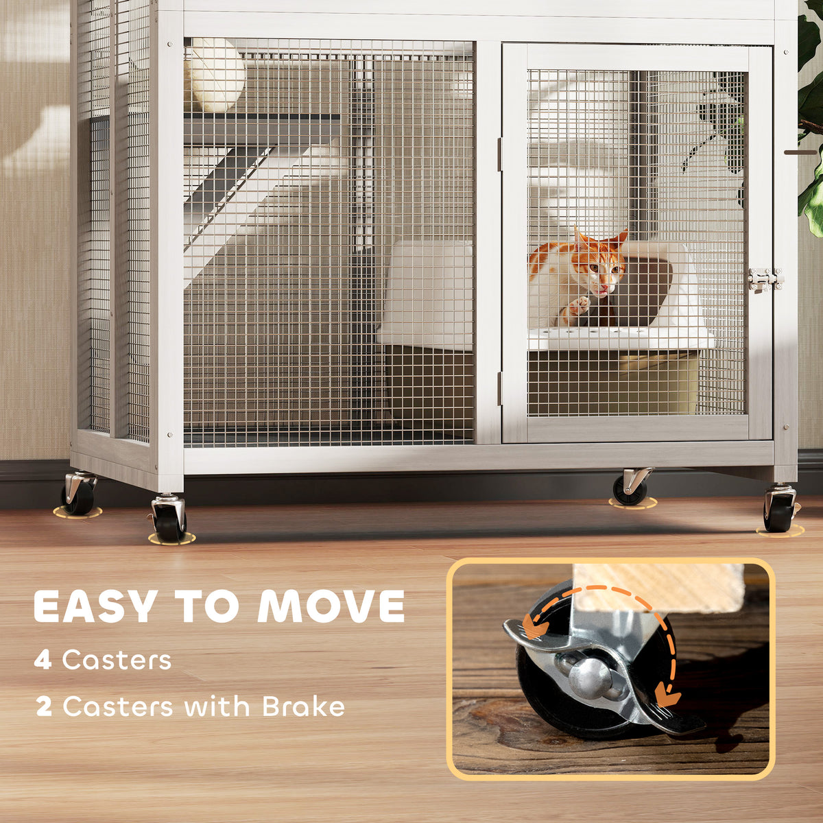 74-Inch Wooden Outdoor Cat Enclosure Weatherproof Wheeled Kitten Cage in White
